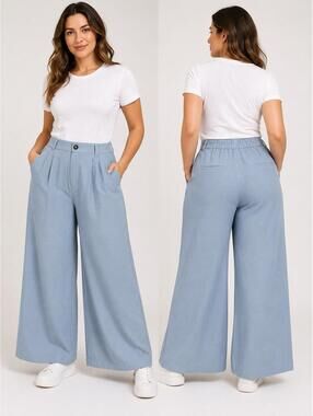 Tullea Women’s Light Blue Wide Leg High Rise Pants Casual Flowy Pull On Pockets